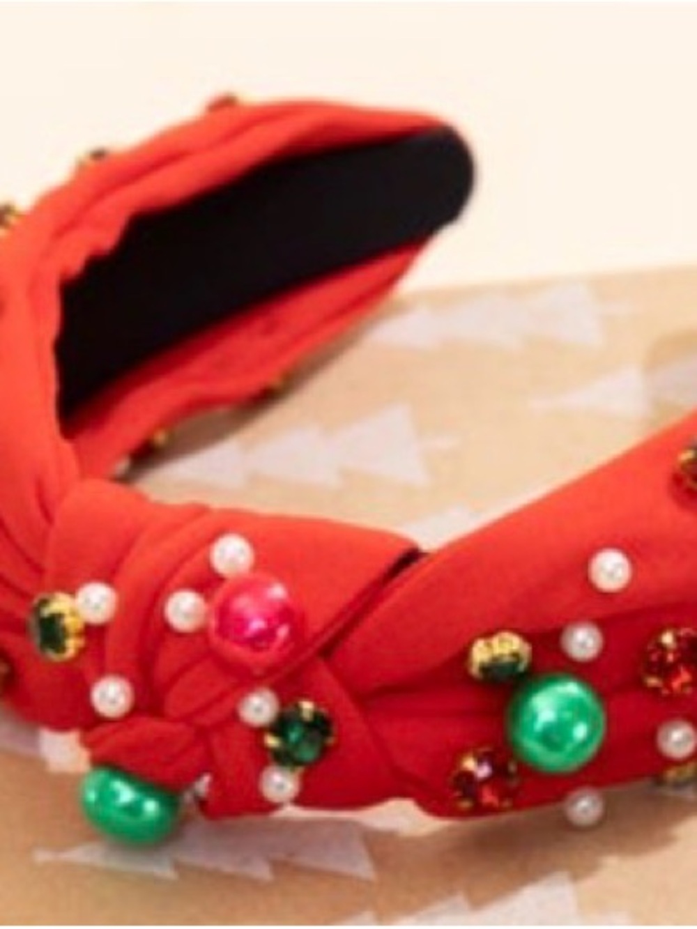 Red Embellished Knotted Headband with Pearls. Christmas.